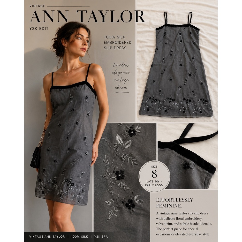 Vintage Y2K Ann Taylor 100% Silk Embroidered Floral Velvet Trim Slip Dress Gray